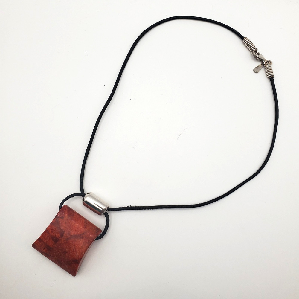 Silpada Cardinal Rule Red Coral Pendant Black Leather Cord Necklace Square